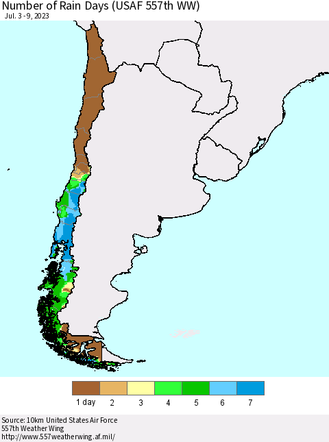 Chile Number of Rain Days (USAF 557th WW) Thematic Map For 7/3/2023 - 7/9/2023