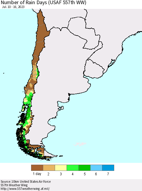 Chile Number of Rain Days (USAF 557th WW) Thematic Map For 7/10/2023 - 7/16/2023