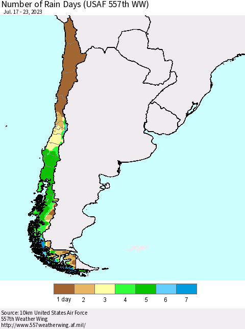 Chile Number of Rain Days (USAF 557th WW) Thematic Map For 7/17/2023 - 7/23/2023