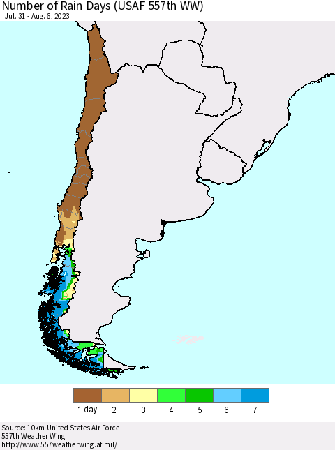 Chile Number of Rain Days (USAF 557th WW) Thematic Map For 7/31/2023 - 8/6/2023