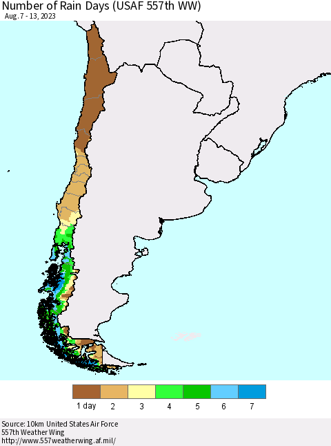 Chile Number of Rain Days (USAF 557th WW) Thematic Map For 8/7/2023 - 8/13/2023