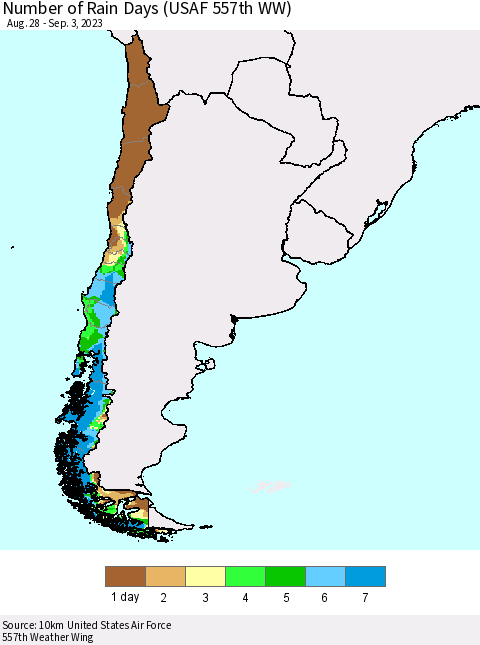 Chile Number of Rain Days (USAF 557th WW) Thematic Map For 8/28/2023 - 9/3/2023