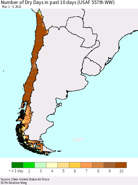 Chile Number of Dry Days in past 10 days (USAF 557th WW) Thematic Map For 3/1/2021 - 3/5/2021