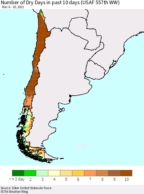 Chile Number of Dry Days in past 10 days (USAF 557th WW) Thematic Map For 3/6/2021 - 3/10/2021