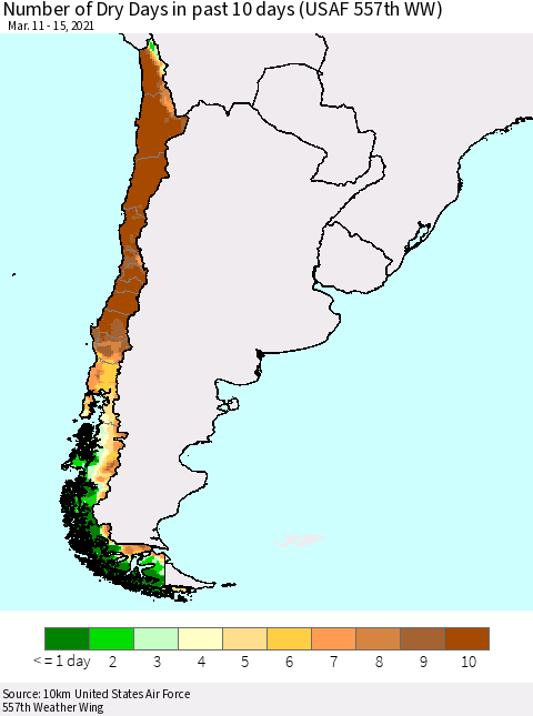 Chile Number of Dry Days in past 10 days (USAF 557th WW) Thematic Map For 3/11/2021 - 3/15/2021
