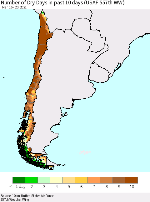Chile Number of Dry Days in past 10 days (USAF 557th WW) Thematic Map For 3/16/2021 - 3/20/2021