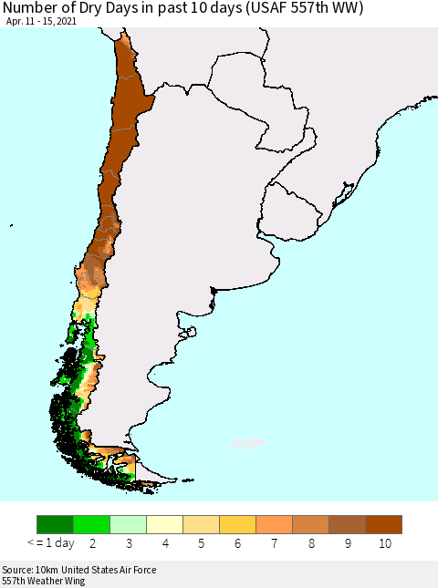 Chile Number of Dry Days in past 10 days (USAF 557th WW) Thematic Map For 4/11/2021 - 4/15/2021