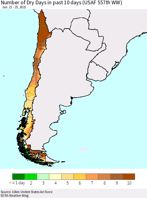 Chile Number of Dry Days in past 10 days (USAF 557th WW) Thematic Map For 6/21/2021 - 6/25/2021