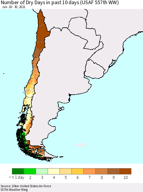 Chile Number of Dry Days in past 10 days (USAF 557th WW) Thematic Map For 6/26/2021 - 6/30/2021