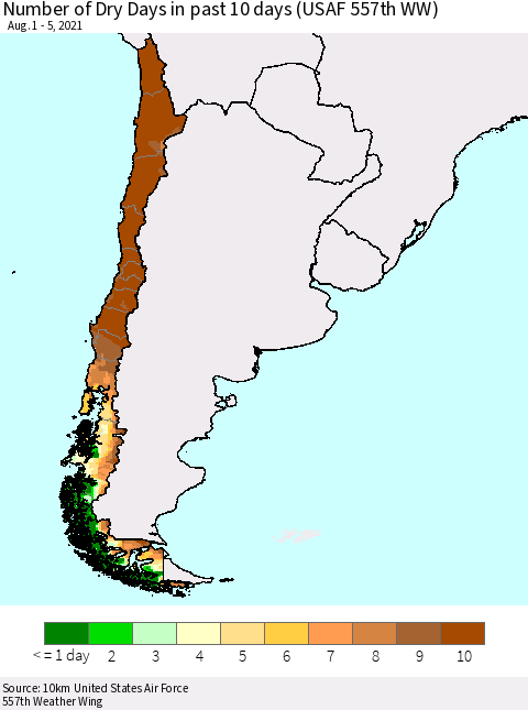 Chile Number of Dry Days in past 10 days (USAF 557th WW) Thematic Map For 8/1/2021 - 8/5/2021