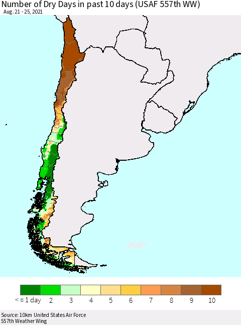 Chile Number of Dry Days in past 10 days (USAF 557th WW) Thematic Map For 8/21/2021 - 8/25/2021