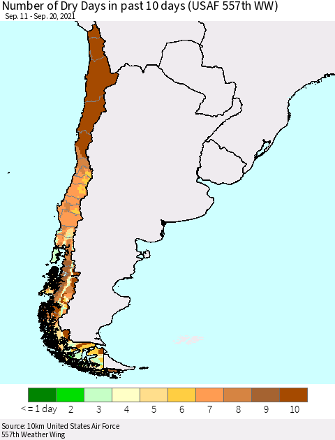 Chile Number of Dry Days in past 10 days (USAF 557th WW) Thematic Map For 9/16/2021 - 9/20/2021