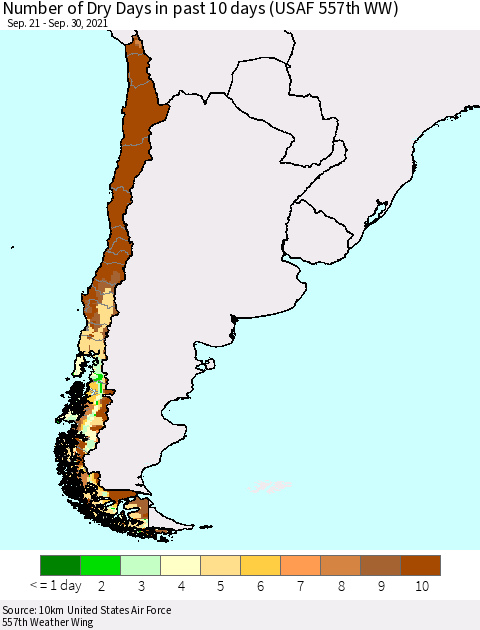 Chile Number of Dry Days in past 10 days (USAF 557th WW) Thematic Map For 9/26/2021 - 9/30/2021