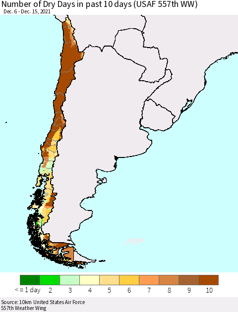 Chile Number of Dry Days in past 10 days (USAF 557th WW) Thematic Map For 12/11/2021 - 12/15/2021