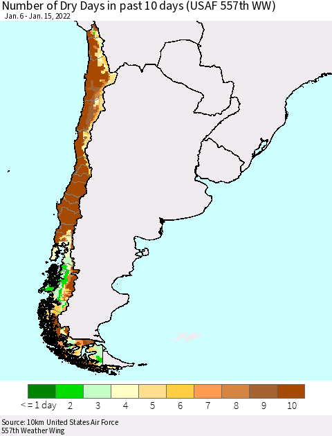 Chile Number of Dry Days in past 10 days (USAF 557th WW) Thematic Map For 1/11/2022 - 1/15/2022