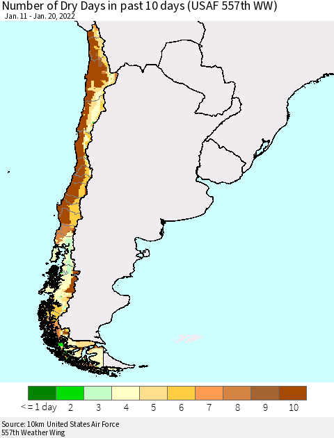 Chile Number of Dry Days in past 10 days (USAF 557th WW) Thematic Map For 1/16/2022 - 1/20/2022