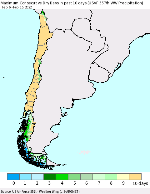 Chile Maximum Consecutive Dry Days in past 10 days (USAF 557th WW Precipitation) Thematic Map For 2/11/2022 - 2/15/2022
