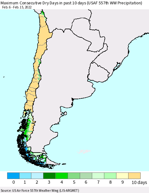 Chile Number of Dry Days in past 10 days (USAF 557th WW) Thematic Map For 2/11/2022 - 2/15/2022