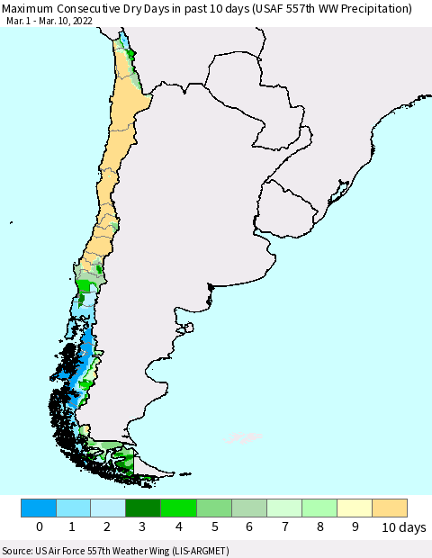 Chile Number of Dry Days in past 10 days (USAF 557th WW) Thematic Map For 3/6/2022 - 3/10/2022