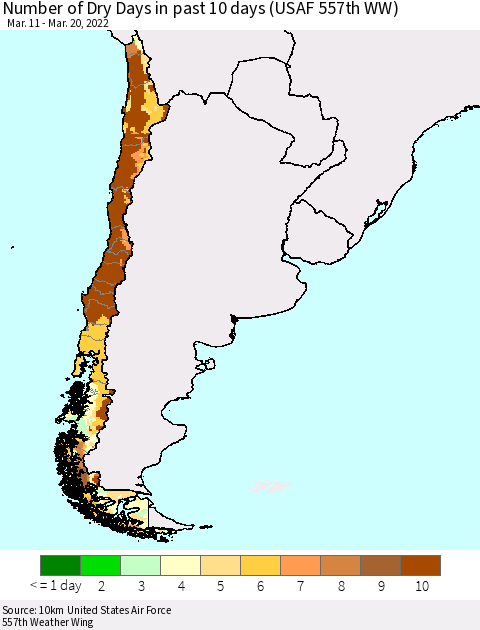 Chile Number of Dry Days in past 10 days (USAF 557th WW) Thematic Map For 3/16/2022 - 3/20/2022