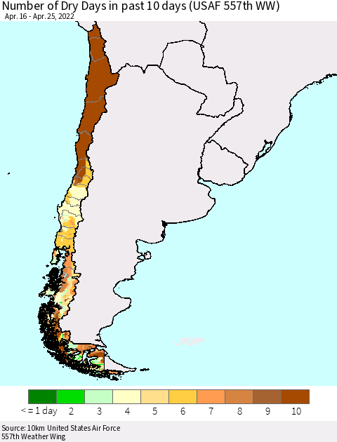 Chile Number of Dry Days in past 10 days (USAF 557th WW) Thematic Map For 4/21/2022 - 4/25/2022