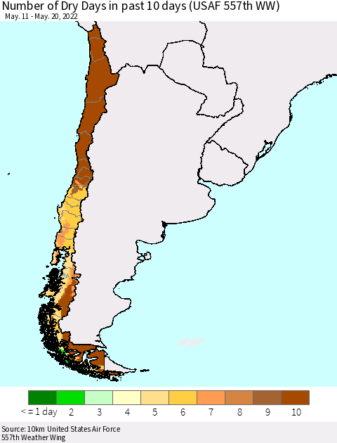 Chile Number of Dry Days in past 10 days (USAF 557th WW) Thematic Map For 5/16/2022 - 5/20/2022