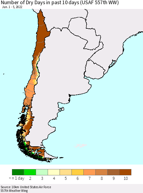 Chile Number of Dry Days in past 10 days (USAF 557th WW) Thematic Map For 6/1/2022 - 6/5/2022