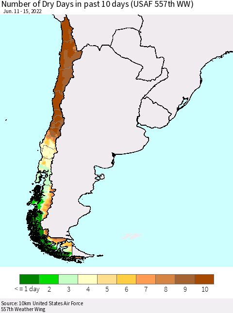 Chile Number of Dry Days in past 10 days (USAF 557th WW) Thematic Map For 6/11/2022 - 6/15/2022