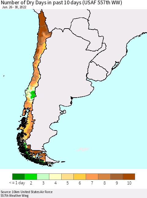 Chile Number of Dry Days in past 10 days (USAF 557th WW) Thematic Map For 6/26/2022 - 6/30/2022