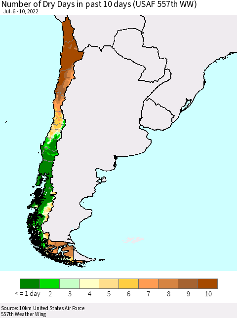 Chile Number of Dry Days in past 10 days (USAF 557th WW) Thematic Map For 7/6/2022 - 7/10/2022