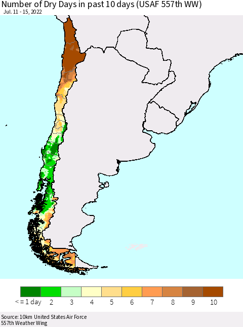 Chile Number of Dry Days in past 10 days (USAF 557th WW) Thematic Map For 7/11/2022 - 7/15/2022