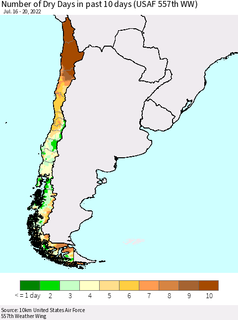 Chile Number of Dry Days in past 10 days (USAF 557th WW) Thematic Map For 7/16/2022 - 7/20/2022