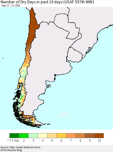 Chile Number of Dry Days in past 10 days (USAF 557th WW) Thematic Map For 8/11/2022 - 8/15/2022