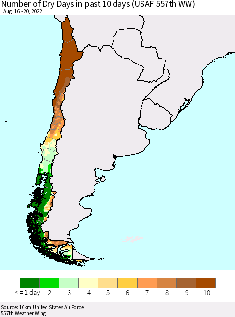 Chile Number of Dry Days in past 10 days (USAF 557th WW) Thematic Map For 8/16/2022 - 8/20/2022
