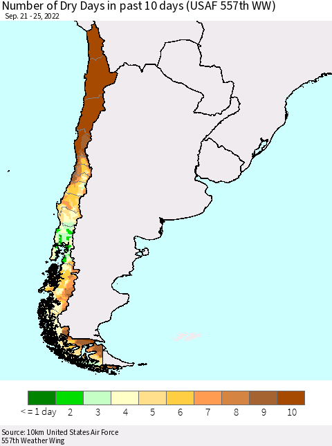 Chile Number of Dry Days in past 10 days (USAF 557th WW) Thematic Map For 9/21/2022 - 9/25/2022