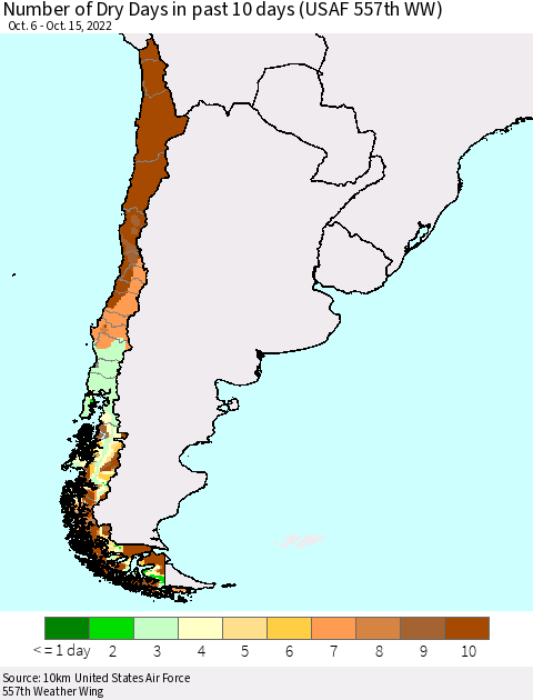 Chile Number of Dry Days in past 10 days (USAF 557th WW) Thematic Map For 10/11/2022 - 10/15/2022