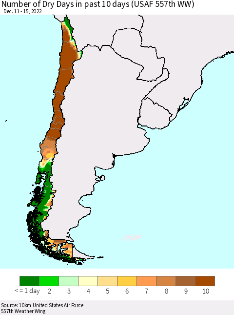 Chile Number of Dry Days in past 10 days (USAF 557th WW) Thematic Map For 12/11/2022 - 12/15/2022