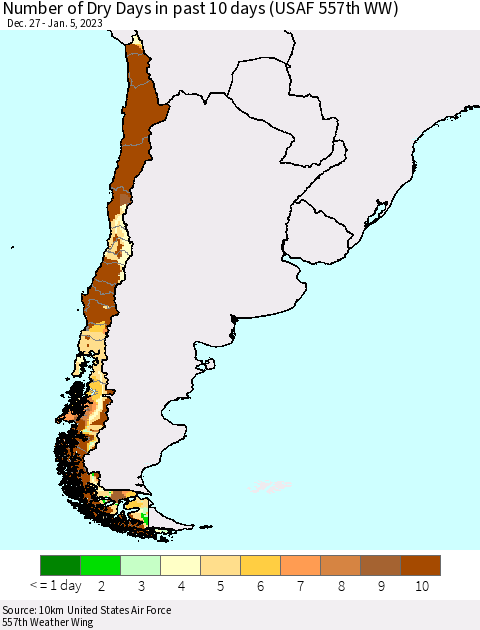 Chile Number of Dry Days in past 10 days (USAF 557th WW) Thematic Map For 1/1/2023 - 1/5/2023