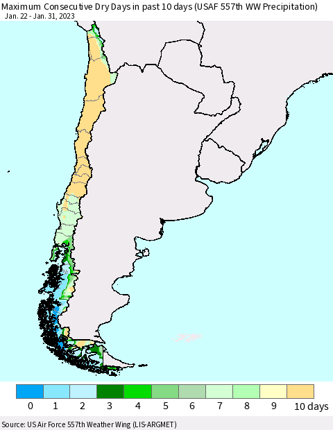 Chile Number of Dry Days in past 10 days (USAF 557th WW) Thematic Map For 1/26/2023 - 1/31/2023