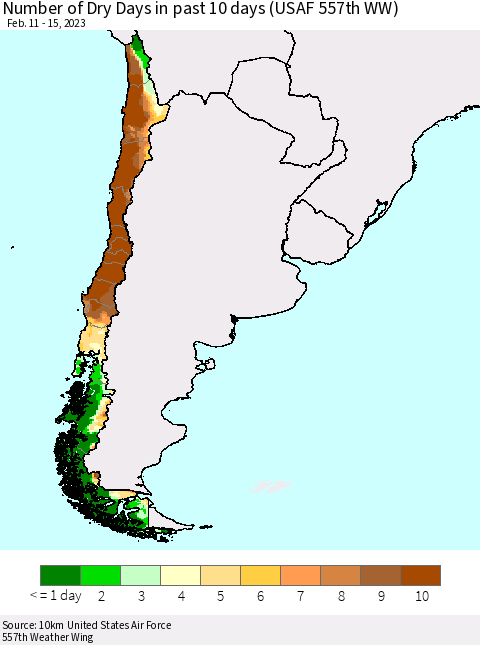 Chile Number of Dry Days in past 10 days (USAF 557th WW) Thematic Map For 2/11/2023 - 2/15/2023