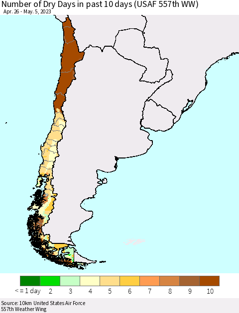 Chile Number of Dry Days in past 10 days (USAF 557th WW) Thematic Map For 5/1/2023 - 5/5/2023