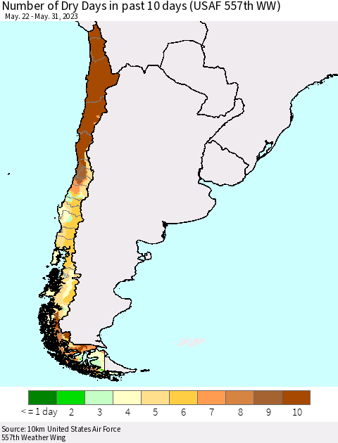 Chile Number of Dry Days in past 10 days (USAF 557th WW) Thematic Map For 5/26/2023 - 5/31/2023