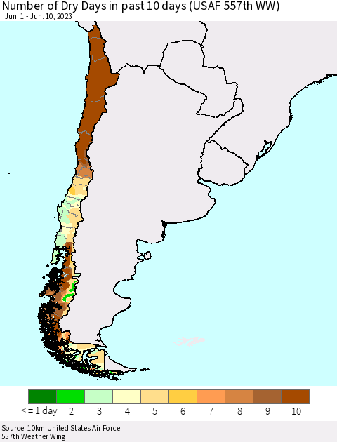 Chile Number of Dry Days in past 10 days (USAF 557th WW) Thematic Map For 6/6/2023 - 6/10/2023