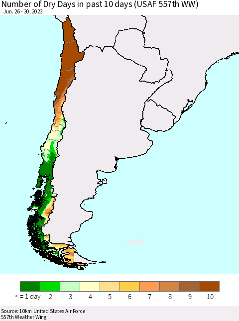 Chile Number of Dry Days in past 10 days (USAF 557th WW) Thematic Map For 6/26/2023 - 6/30/2023