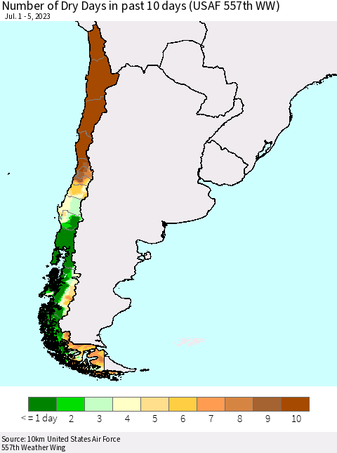 Chile Number of Dry Days in past 10 days (USAF 557th WW) Thematic Map For 7/1/2023 - 7/5/2023
