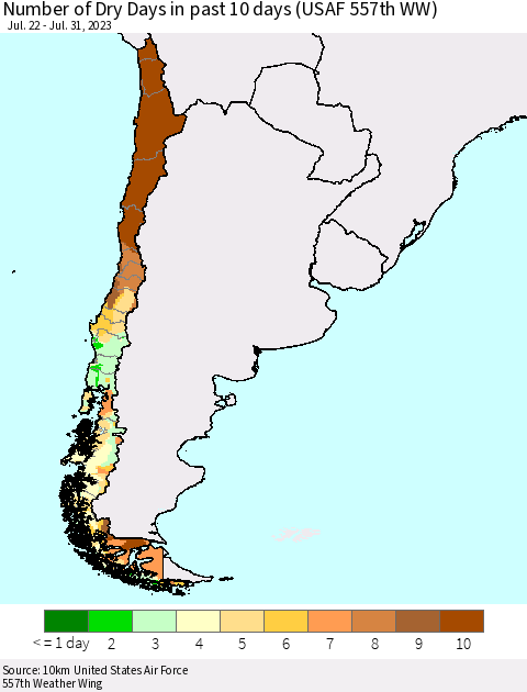 Chile Number of Dry Days in past 10 days (USAF 557th WW) Thematic Map For 7/26/2023 - 7/31/2023