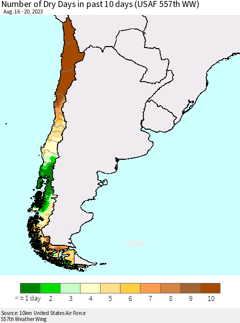 Chile Number of Dry Days in past 10 days (USAF 557th WW) Thematic Map For 8/16/2023 - 8/20/2023