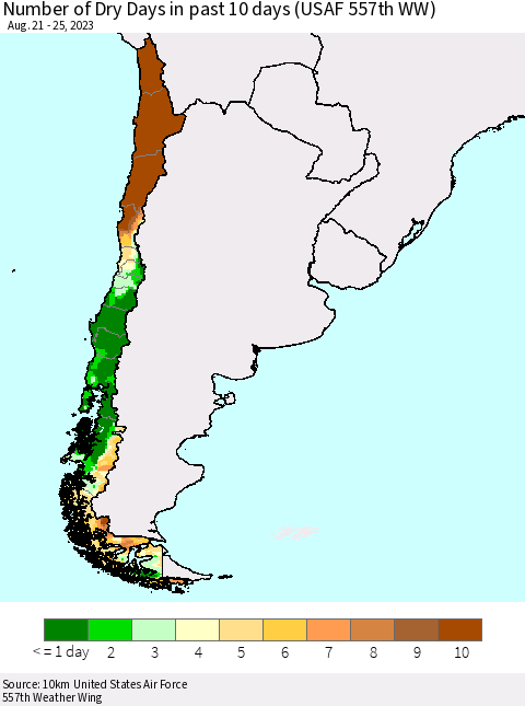 Chile Number of Dry Days in past 10 days (USAF 557th WW) Thematic Map For 8/21/2023 - 8/25/2023