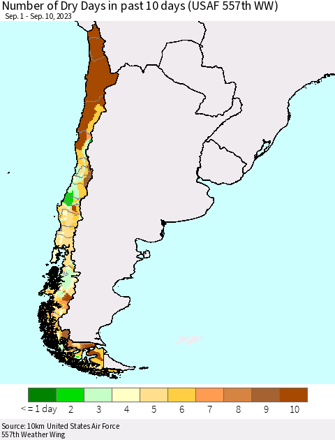 Chile Number of Dry Days in past 10 days (USAF 557th WW) Thematic Map For 9/6/2023 - 9/10/2023