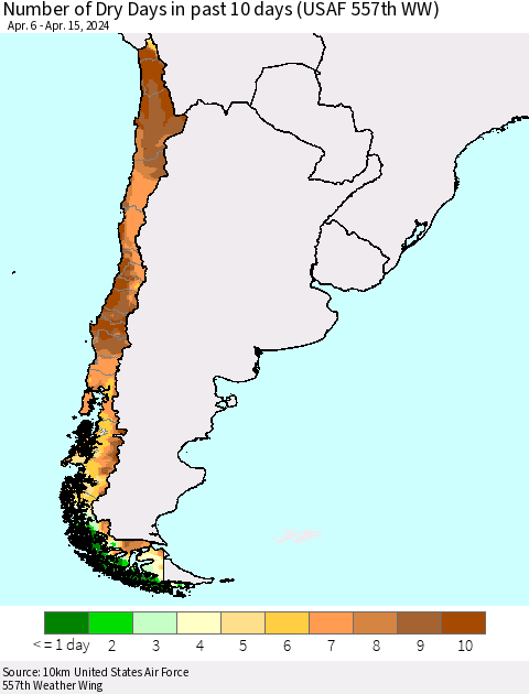 Chile Number of Dry Days in past 10 days (USAF 557th WW) Thematic Map For 4/11/2024 - 4/15/2024